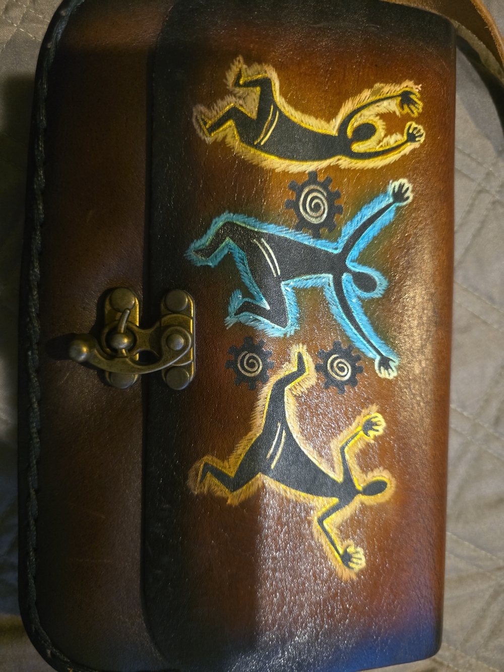 Hand-Painted Brown Leather Clutch with Yellow & Teal Figures